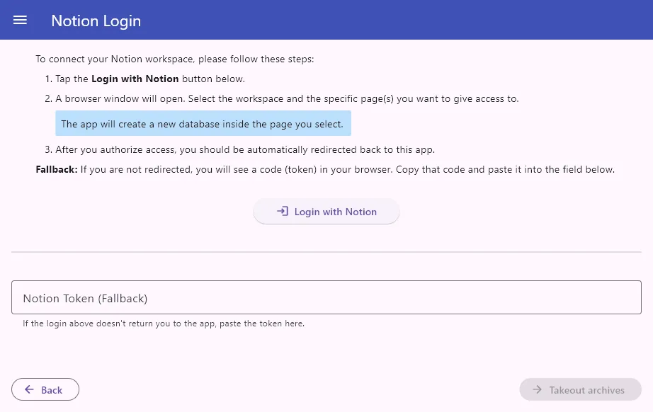 NoteHopper screenshot: Connect to Notion