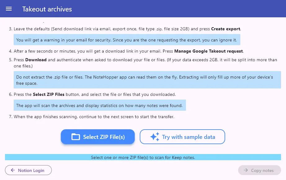 NoteHopper screenshot: Export and upload notes